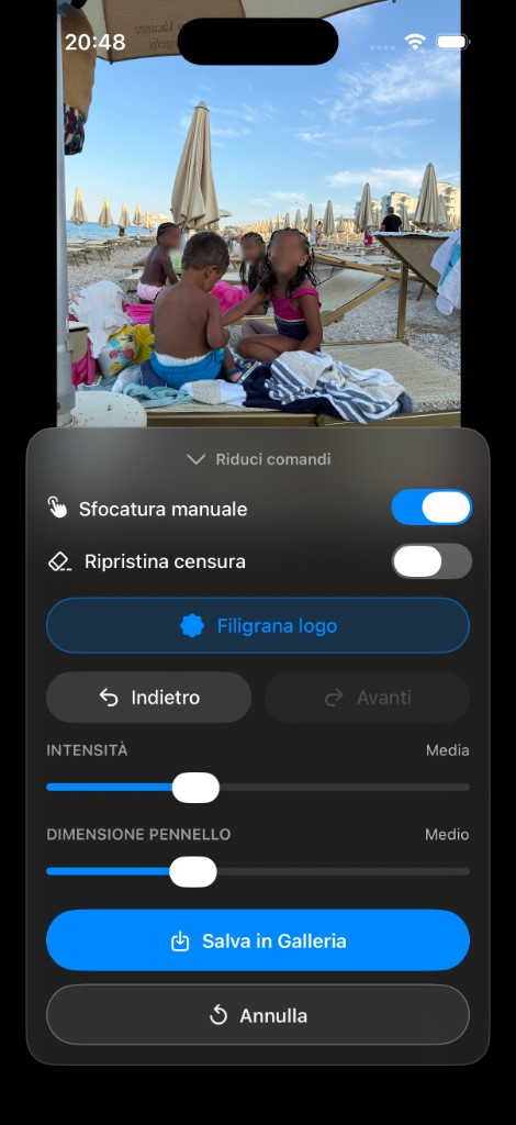 Pannello comandi: pennello, intensità, filigrana
